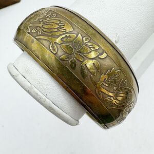Vintage Wide Brass Bangle Bracelet Etched Floral Design Boho Ethnic Bohemian